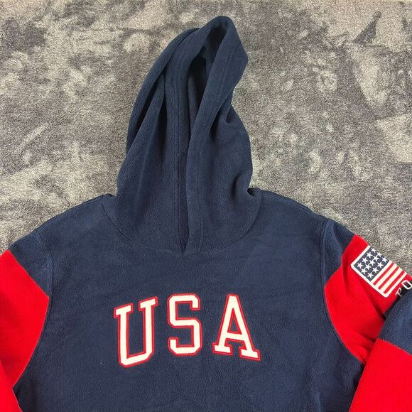 Polo Ralph Lauren Fleece Hoodie USA Flag Spellout Youth L Striped Navy Blue - Picture 2 of 10